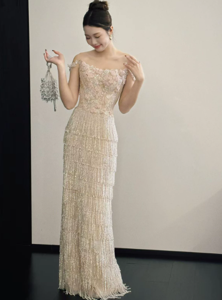 Elegant Ivory Prom Dress ,Tassel Decor Bodycon Maxi Evening Dress RS1239