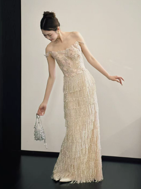 Elegant Ivory Prom Dress ,Tassel Decor Bodycon Maxi Evening Dress RS1239