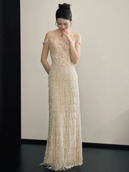 Elegant Ivory Prom Dress ,Tassel Decor Bodycon Maxi Evening Dress RS1239