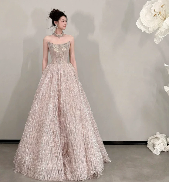 Gorgeous Blush Pink Beaded Quinceanera Dress ,Feather Decor Corset Maxi Evening Dress RS1240