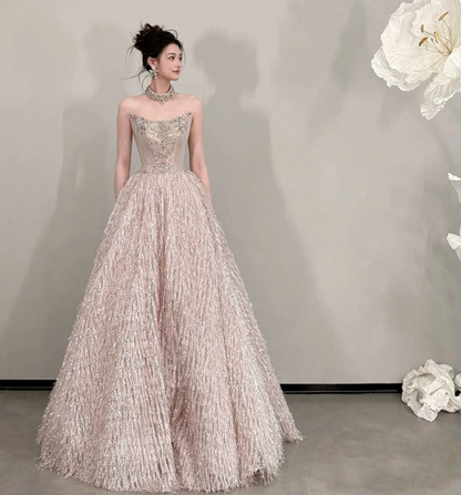 Gorgeous Blush Pink Beaded Quinceanera Dress ,Feather Decor Corset Maxi Evening Dress RS1240