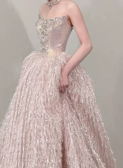 Gorgeous Blush Pink Beaded Quinceanera Dress ,Feather Decor Corset Maxi Evening Dress RS1240