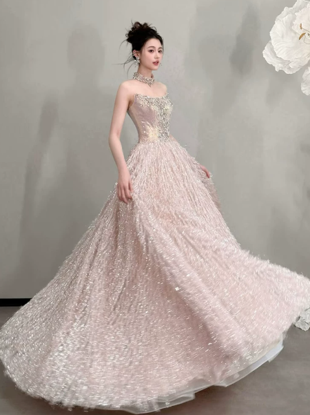 Gorgeous Blush Pink Beaded Quinceanera Dress ,Feather Decor Corset Maxi Evening Dress RS1240