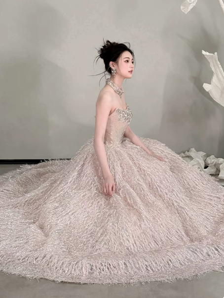 Gorgeous Blush Pink Beaded Quinceanera Dress ,Feather Decor Corset Maxi Evening Dress RS1240