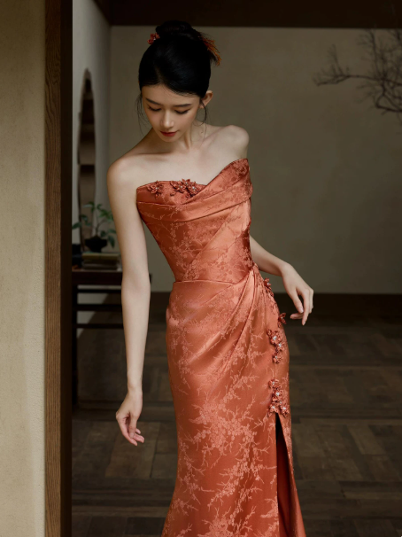 Elegant Orange Celebrity Dress ,Applique Bodycon Maxi Evening Dress RS1241