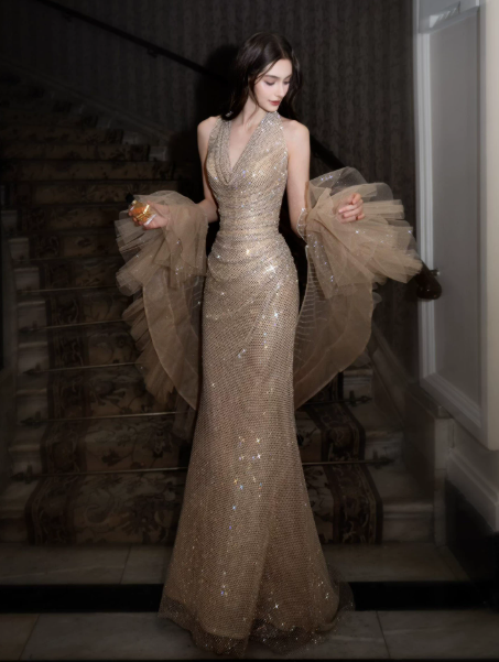 Elegant Golden Prom Dress ,Halter Sequins Bodycon Maxi Evening Dress RS1242