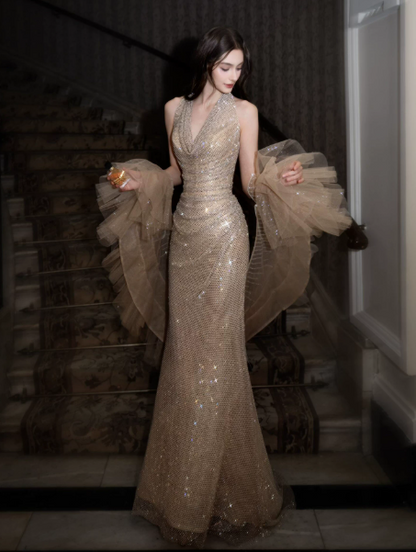 Elegant Golden Prom Dress ,Halter Sequins Bodycon Maxi Evening Dress RS1242