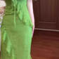 Green floral suspender dress with ruffles and gentle waist and hip skirt R0621