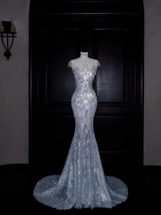 Light blue sequined slim waist fishtail maxi skirt, prom dress R5624