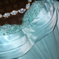 Light blue strapless, fitted waist, tiered skirt, long ball gown R6894