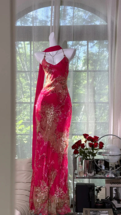 Rose red suspender waist slim backless design hip-hugging maxi dress, prom dress R5425
