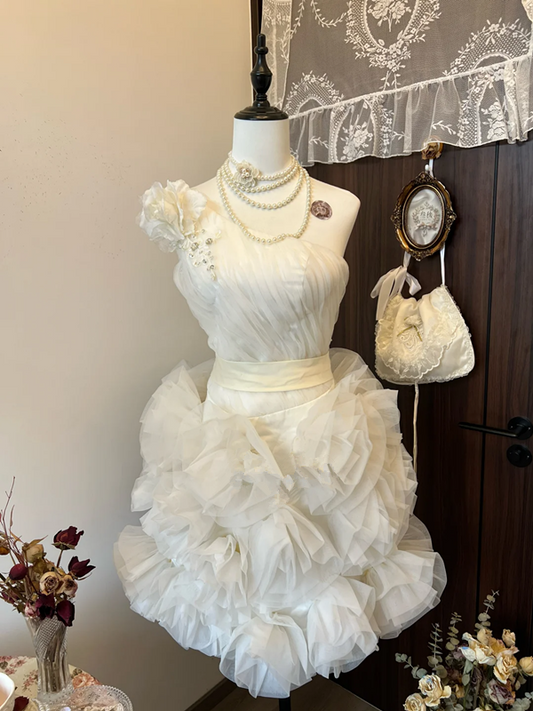 White asymmetrical neckline waist design cake skirt short skirt homecoming dress R4273