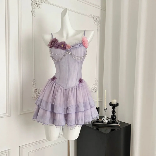 Purple suspender waist slim A-line short skirt homecoming dress R5375