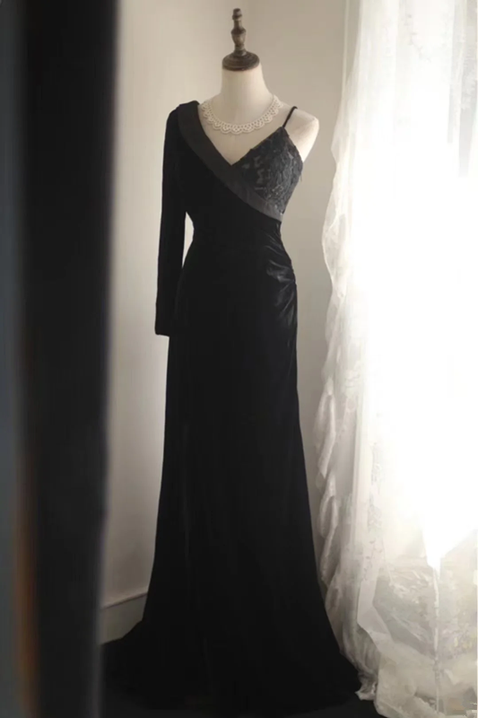 Black asymmetrical neckline, fitted waist, long ball gown R6774