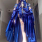 Dark blue suspender waist slim irregular design long skirt, prom dress R5298