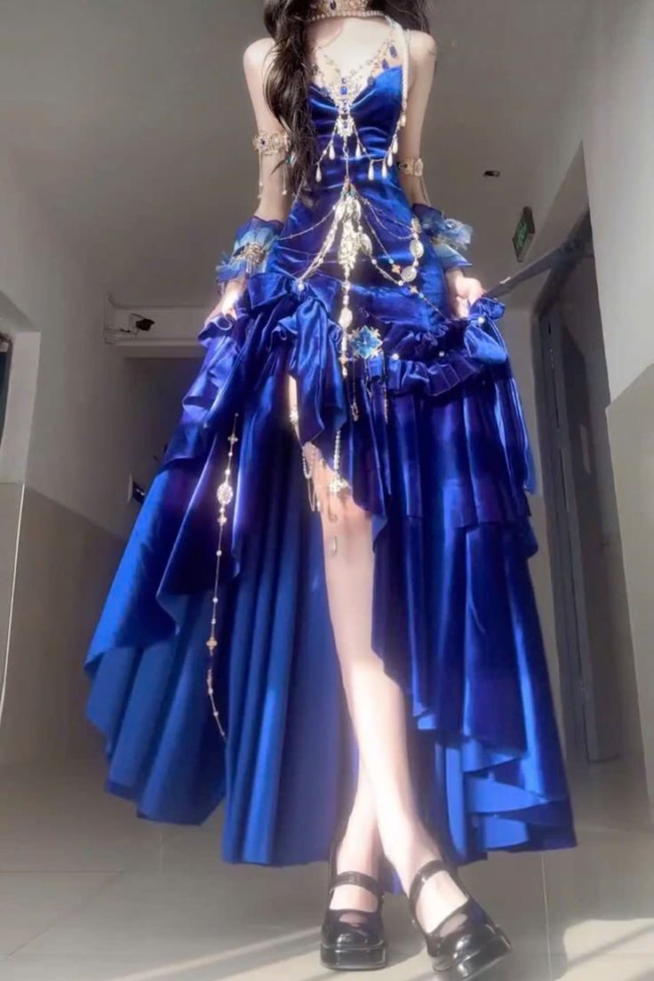 Dark blue suspender waist slim irregular design long skirt, prom dress R5298