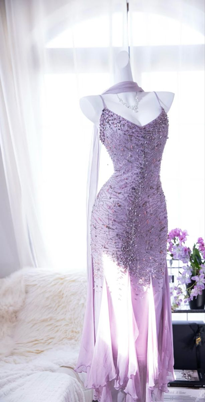 Light purple fairy-like halter-neck fitted waist bodycon long ball gown R6535