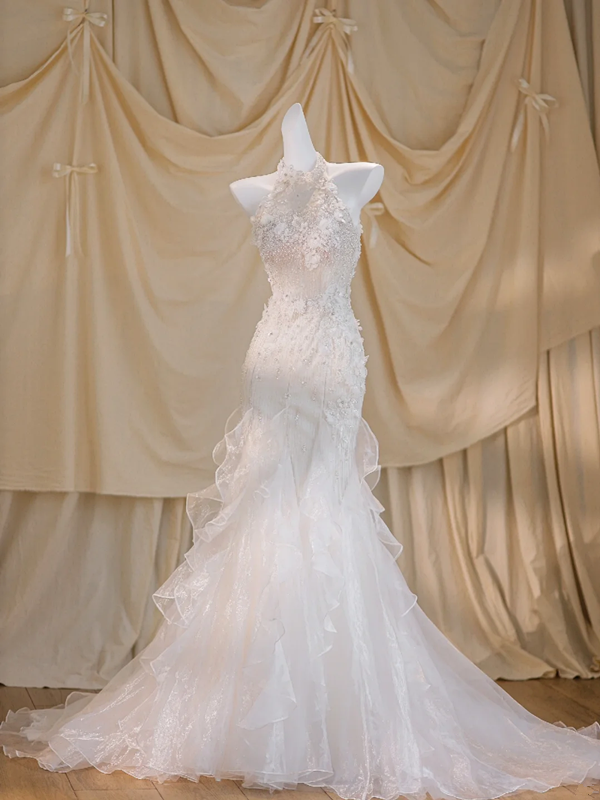 White halter neck diamond waist slim hip long dress bridal gown R5773