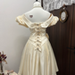Champagne color square neck puff sleeve waist slim fit pleated elegant long skirt homecoming dress R4312