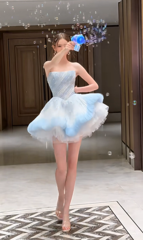 Light blue tube top slim waist slim fit puffy skirt princess skirt homecoming dress R4353
