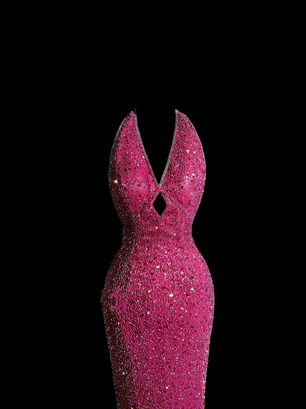 Pink halter-neck beaded fitted waist bodycon long ball gown R6615