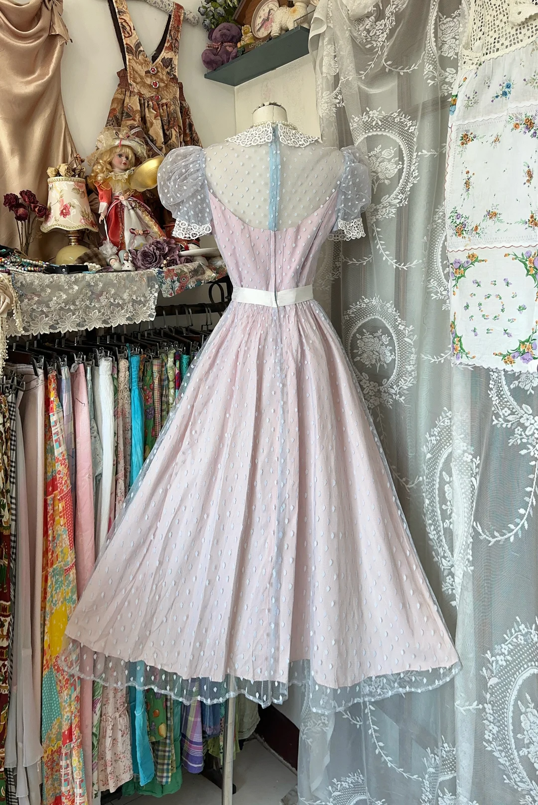 Pink puff sleeve slim waist A-line maxi ball gown R6176