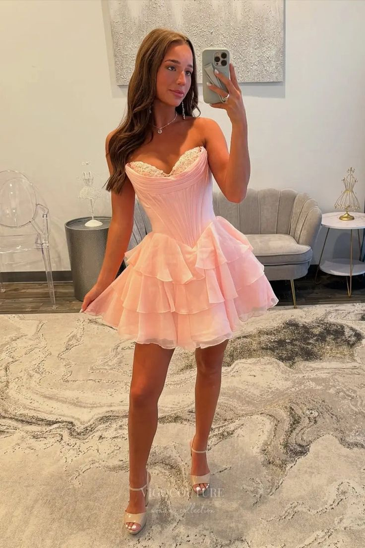 Pink Strapless Waisted Fishbone Puffy Skirt Homecoming Dress R5544