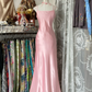 Pink halter-neck, fitted satin long dress, ball gown R6335