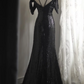 Black sequined off-the-shoulder halter-neck fitted long ball gown R6814