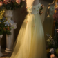 Light yellow halter-neck fitted floral fairy long dress, ball gown, bridal gown R7267