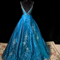 Blue halter-neck fitted ball gown with a full skirt, elegant and sophisticated R8678
