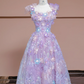 Light purple floral print halter top, fitted A-line skirt, long ball gown/bridal dress R8342