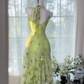 Light green floral print halter-neck fitted long ball gown R7649