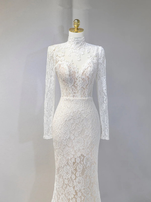 White lace round neck fitted waist sexy long ball gown/bridal dress R9041