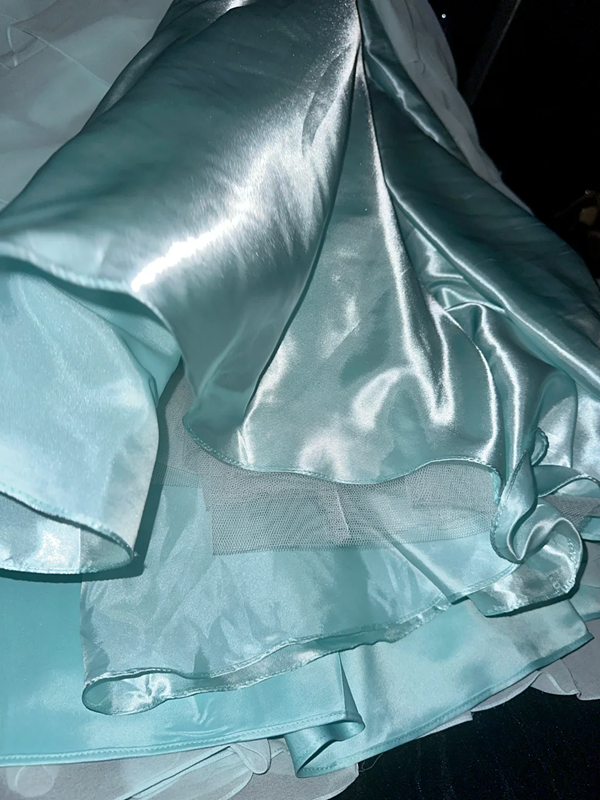 Light blue strapless, fitted waist, tiered skirt, long ball gown R6894