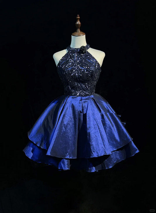 Blue halter neck waist hollow design princess skirt homecoming dress R4922