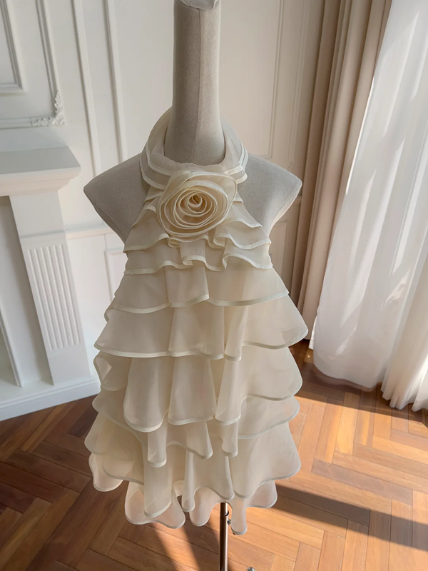 Champagne color halter neck straight cake cute short skirt homecoming dress R5003