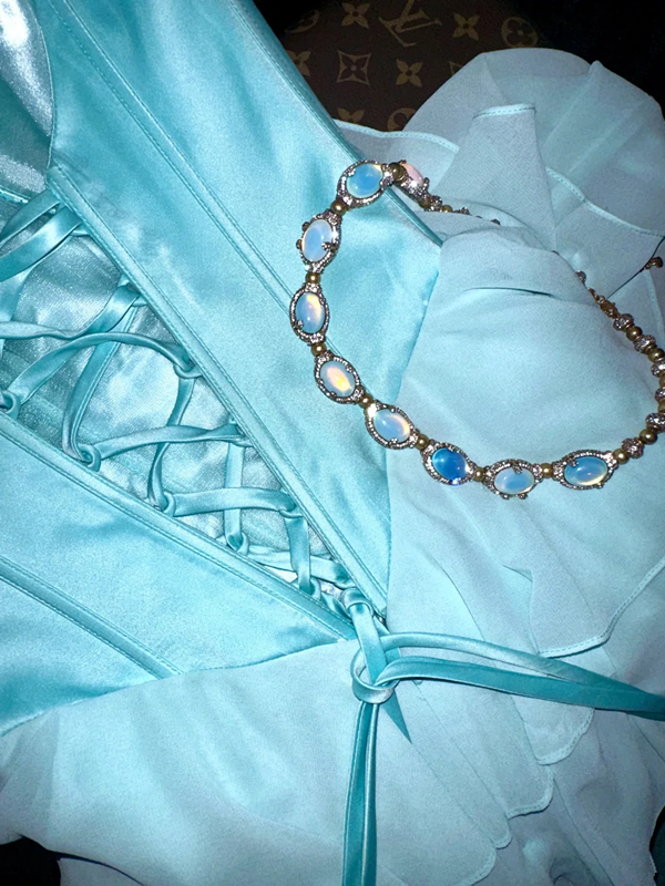 Light blue strapless, fitted waist, tiered skirt, long ball gown R6894