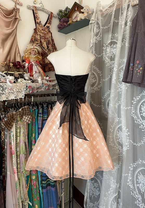 Black strapless pink A-line mini skirt, prom dress R6295