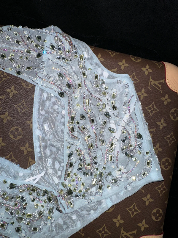 Light blue sleeveless rhinestone long ball gown R6934