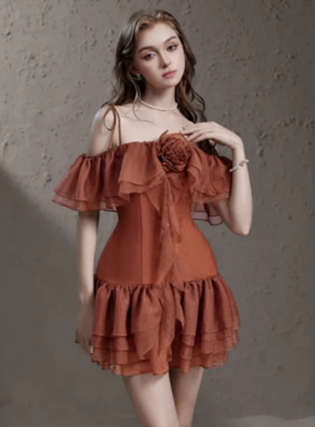 Brown halter neck chiffon ruffled one-shoulder retro slim gentle short skirt homecoming dress R4675