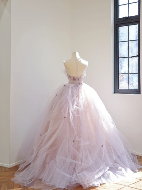 Light pink strapless, fitted waist, full skirt, long ball gown, bridal dress R8526