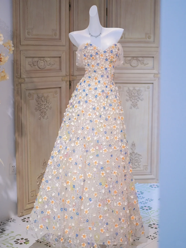 Apricot Off-the-shoulder Floral Waist Slim Fit A-line Long Ball Gown Bridal Gown R5857