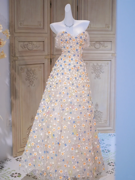 Apricot Off-the-shoulder Floral Waist Slim Fit A-line Long Ball Gown Bridal Gown R5857