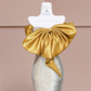 Gold bow neckline, silver sequined, fitted waist, bodycon long ball gown R8376