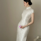 White Chinese-style, waist-cinched, slim-fit, elegant prom dress R7961