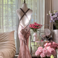 Light pink halter neck, fitted waist, slimming, revealing hips, sexy long ball gown R7761