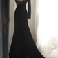 Black asymmetrical neckline, fitted waist, long ball gown R6774