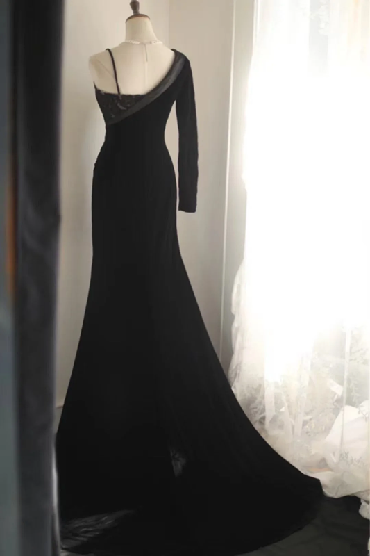 Black asymmetrical neckline, fitted waist, long ball gown R6774