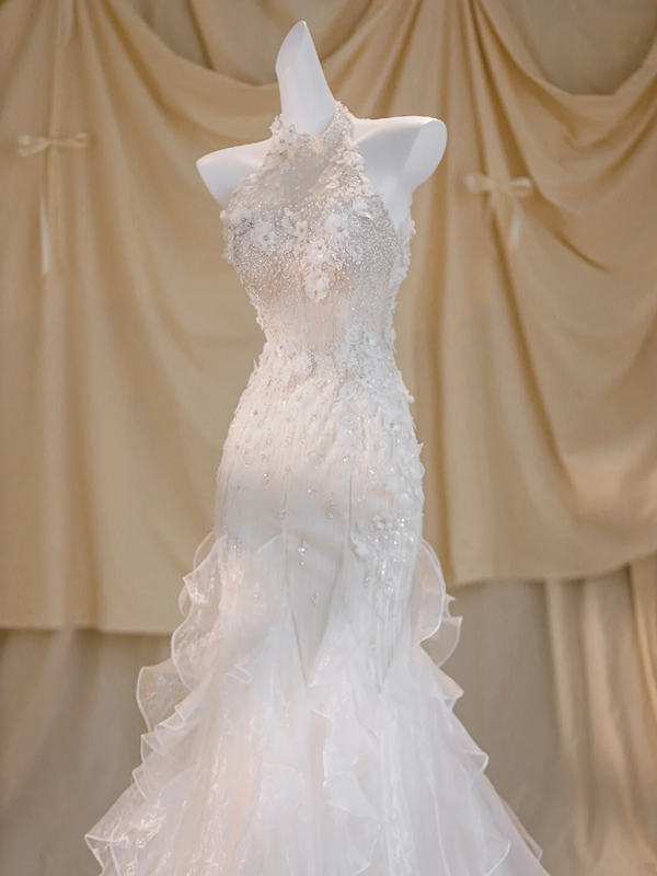 White halter neck diamond waist slim hip long dress bridal gown R5773